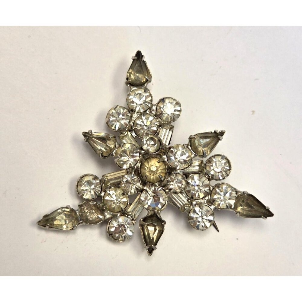 Vintage Rhinestone Snowflake Brooch Silver Tone
